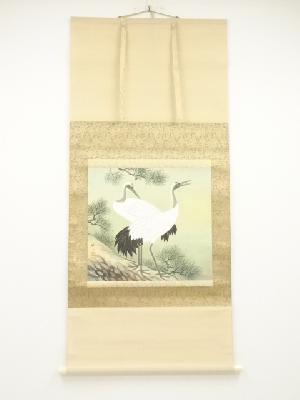 精一筆　松上双鶴　肉筆絹本掛軸（共箱）